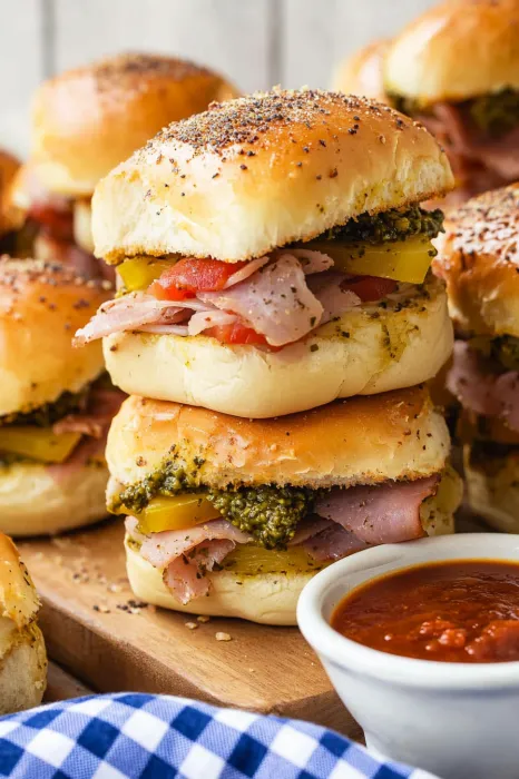A stack of sandwiches with meat and vegetables.