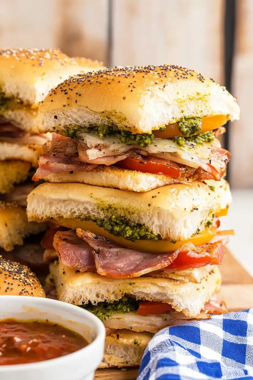 A stack of sandwiches with tomatoes, lettuce, and bacon.