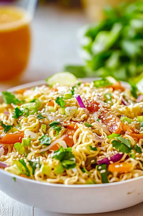A bowl of noodles with vegetables.