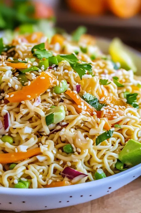 A bowl of noodles with vegetables.