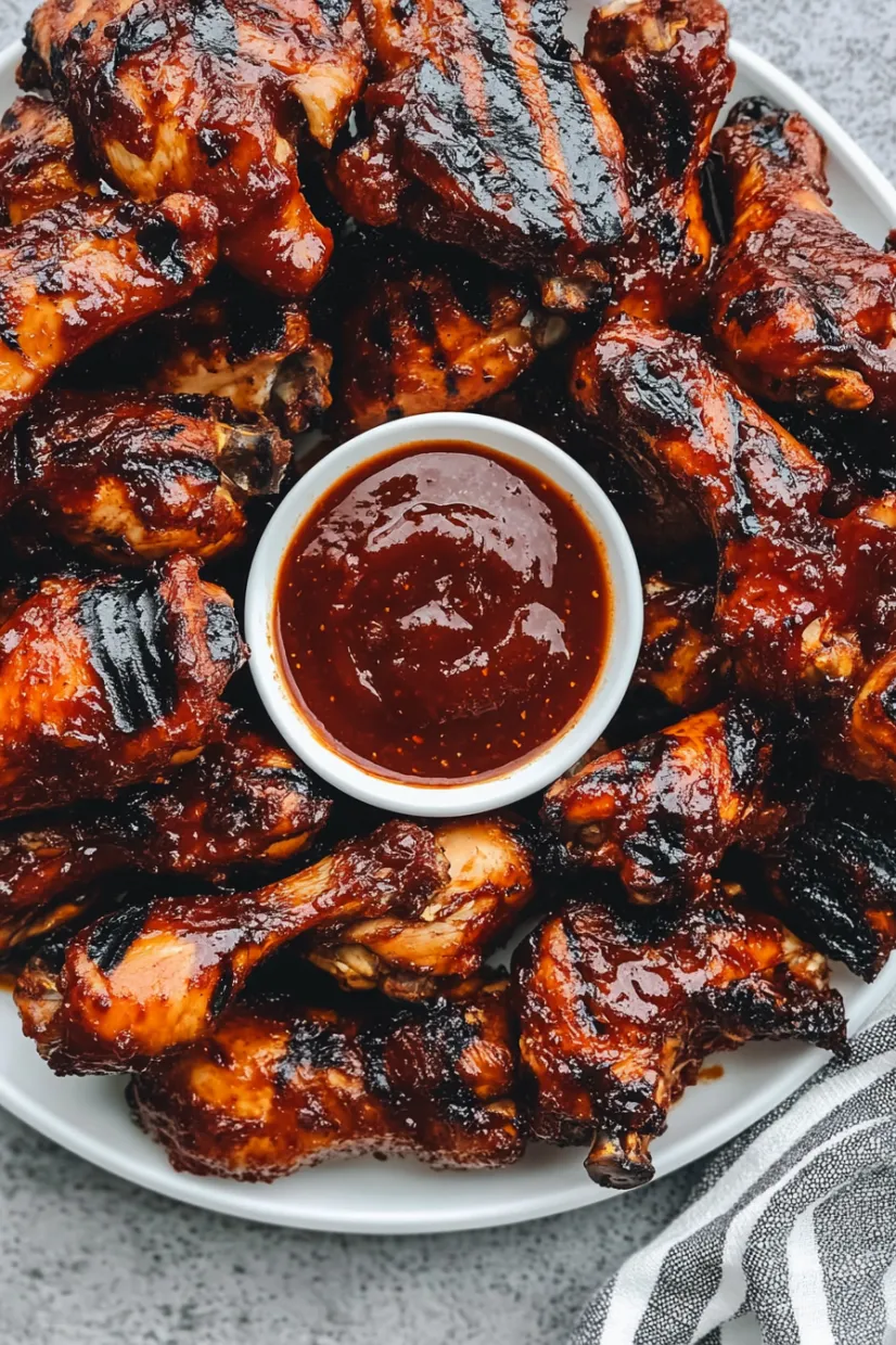A plate of BBQ chicken with a bowl of sauce.