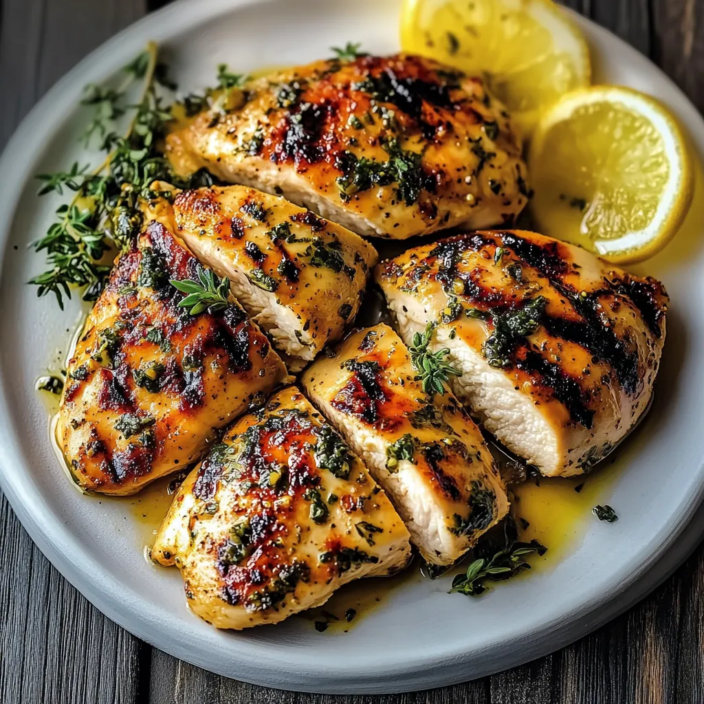 Chicken with lemon and herbs on a plate.