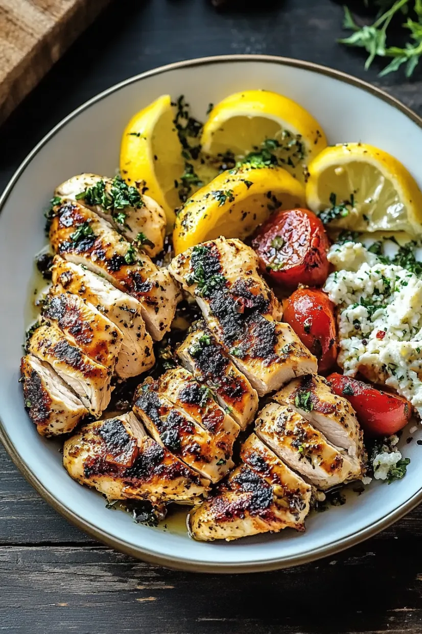 A plate of food with chicken, tomatoes, and lemon wedges.