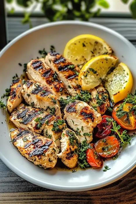 A plate of grilled chicken with lemon wedges and tomatoes.
