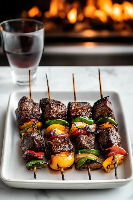 A plate of meat skewers with a glass of water.