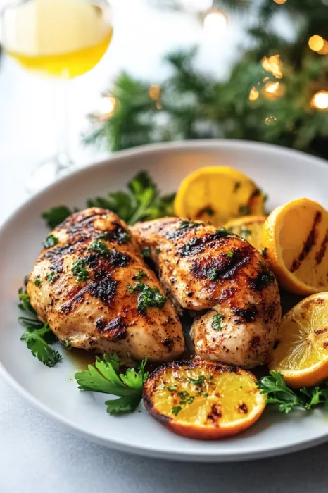 A plate of chicken with lemon wedges and herbs.