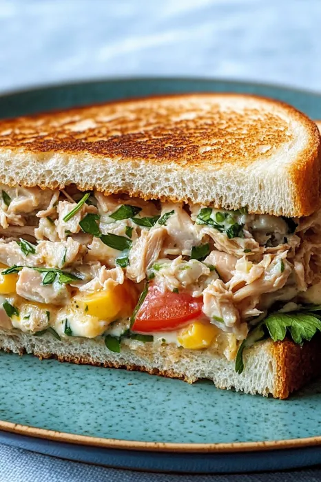 A sandwich with chicken, tomato, lettuce, and cheese.