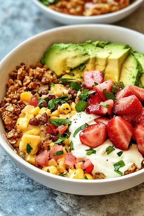 A bowl of fruit with strawberries, avocado, and corn.
