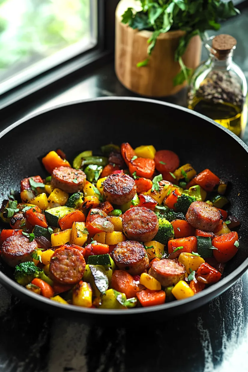 A bowl of sausage and vegetables.