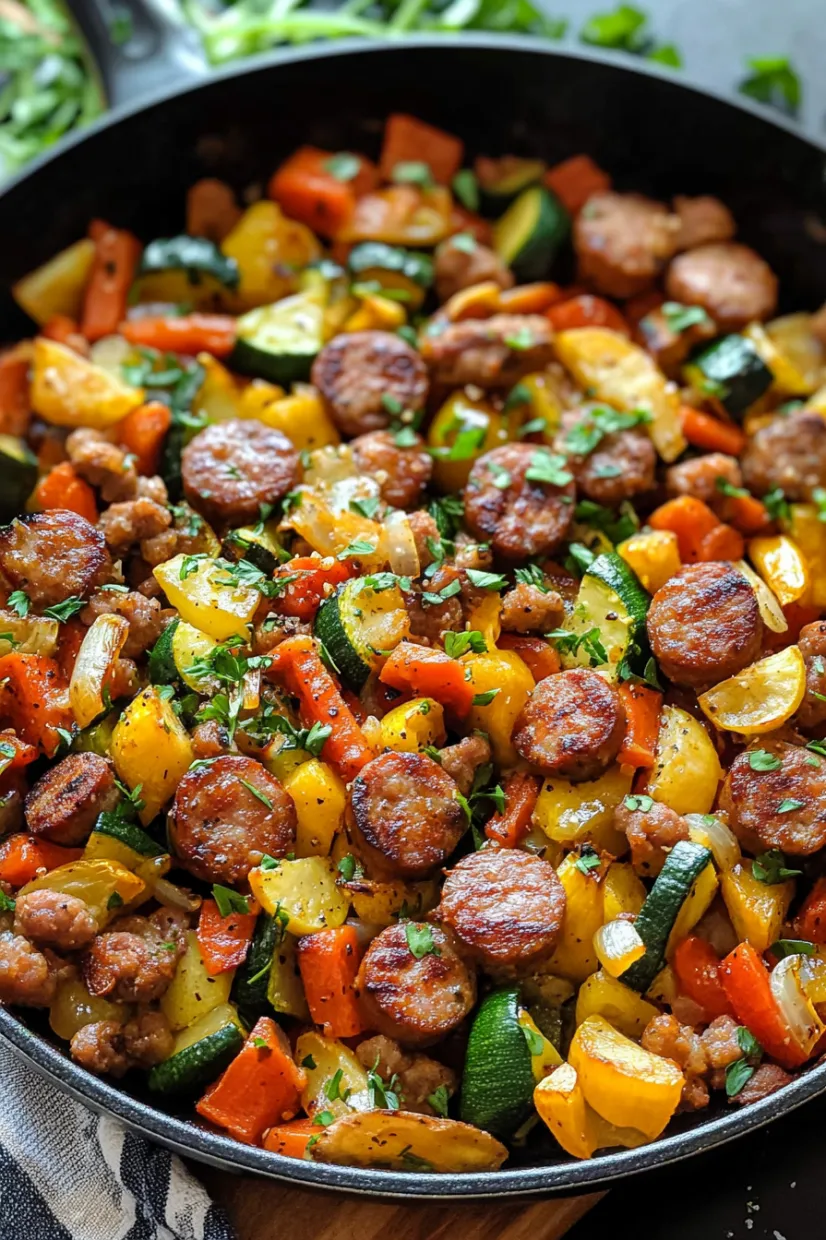 A close up of a delicious sausage and vegetable dish.