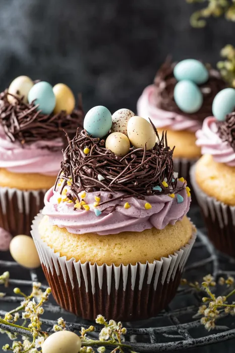 A cupcake with chocolate and yellow frosting.