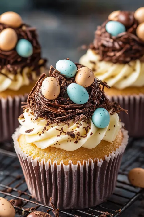 A cupcake with chocolate and blue frosting.