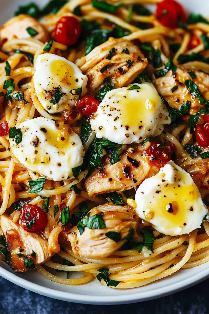 A plate of food with chicken, pasta, and eggs.