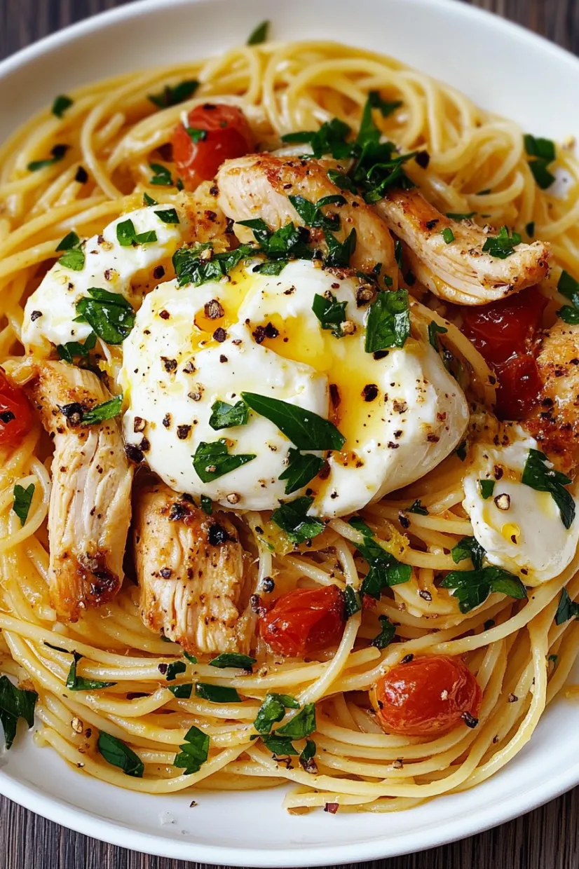 A plate of pasta with chicken and tomatoes.