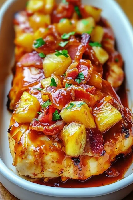 A plate of food with pineapple and bacon.