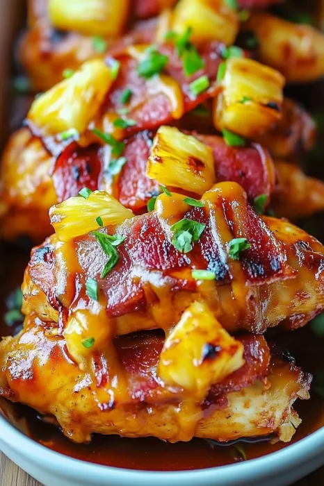 A plate of food with pineapple and bacon.
