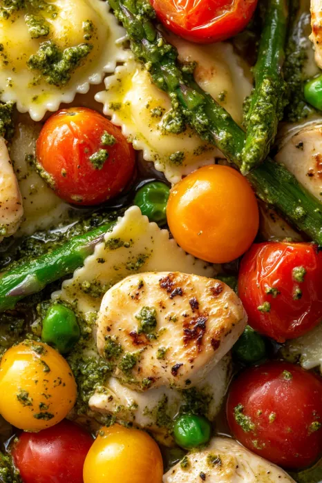 A plate of food with tomatoes, peppers, and chicken.