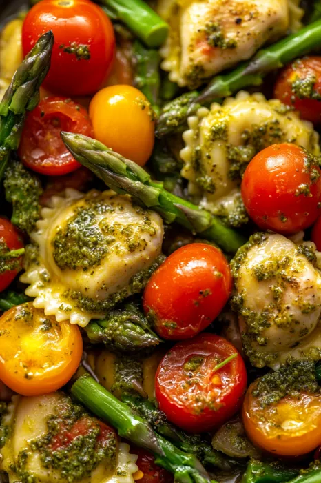 A plate of food with pasta, tomatoes, and asparagus.