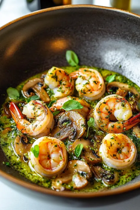 A bowl of shrimp and mushrooms.