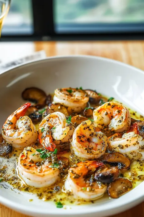 A bowl of shrimp and mushrooms.