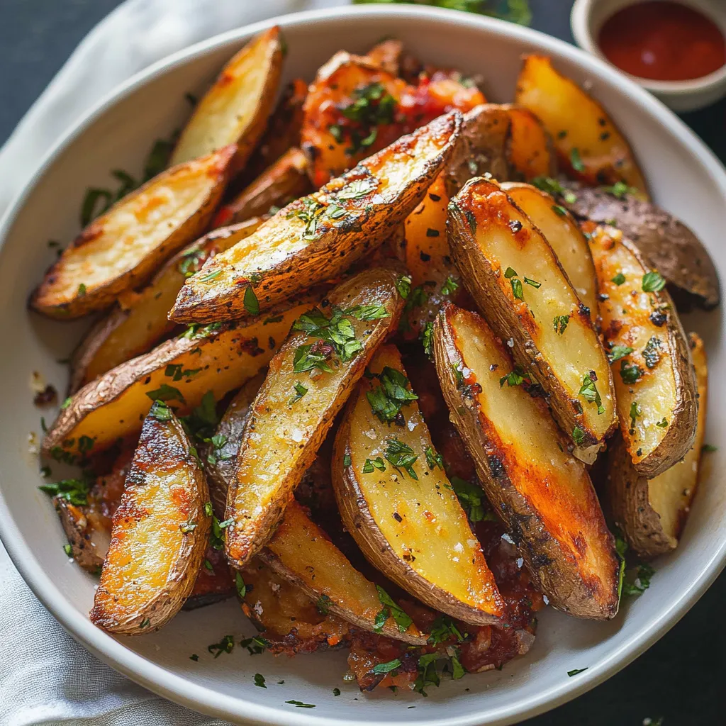 A plate of crispy wedges with dipping sauce.