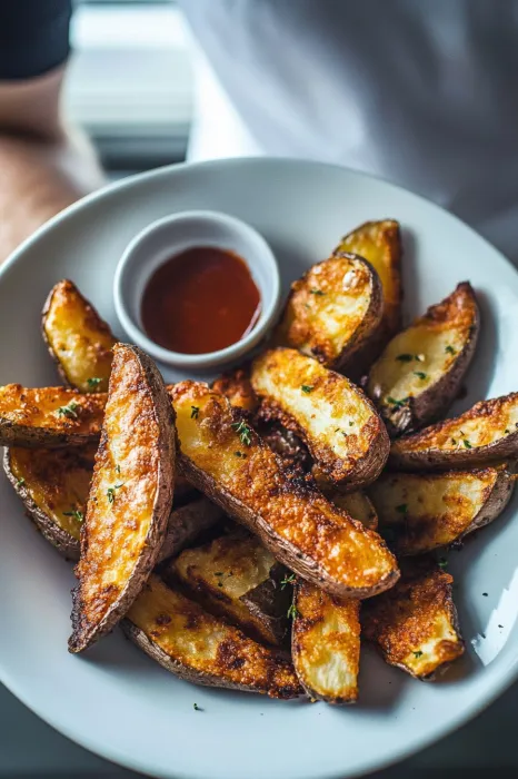 A plate of fried potatoes with a dipping sauce.