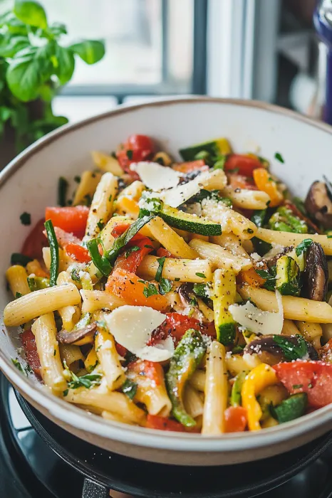 A bowl of pasta with tomatoes, zucchini, mushrooms, and cheese.