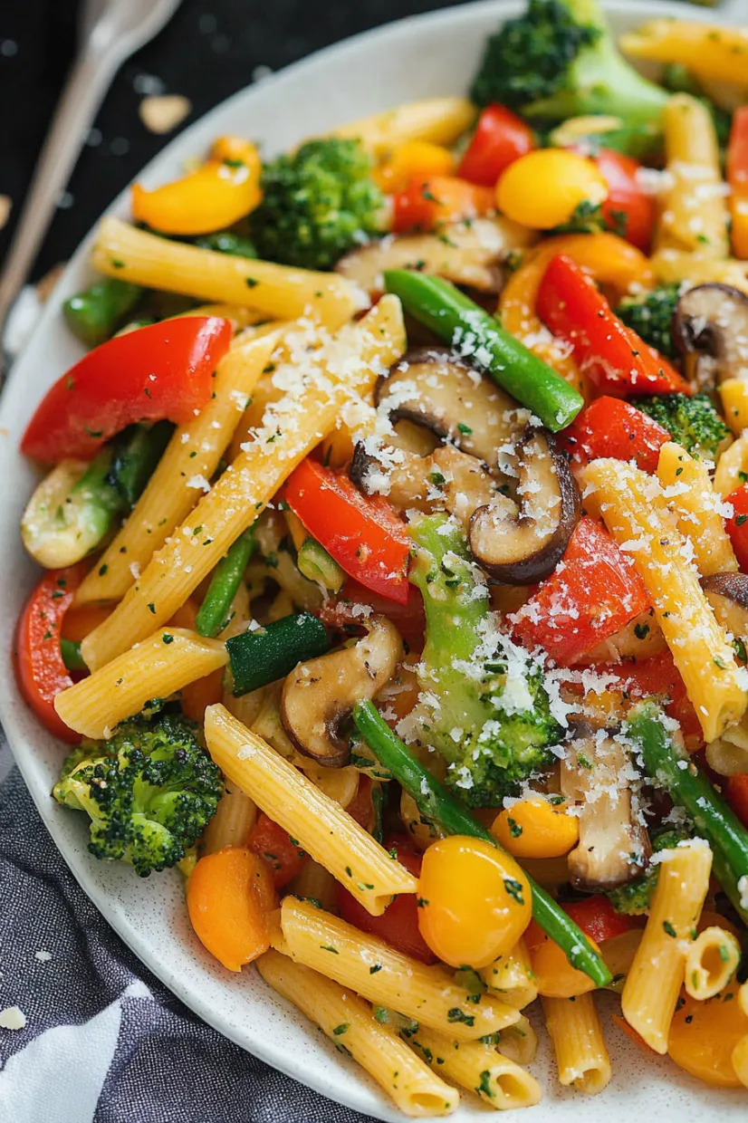 A plate of pasta with mushrooms, broccoli, and tomatoes.
