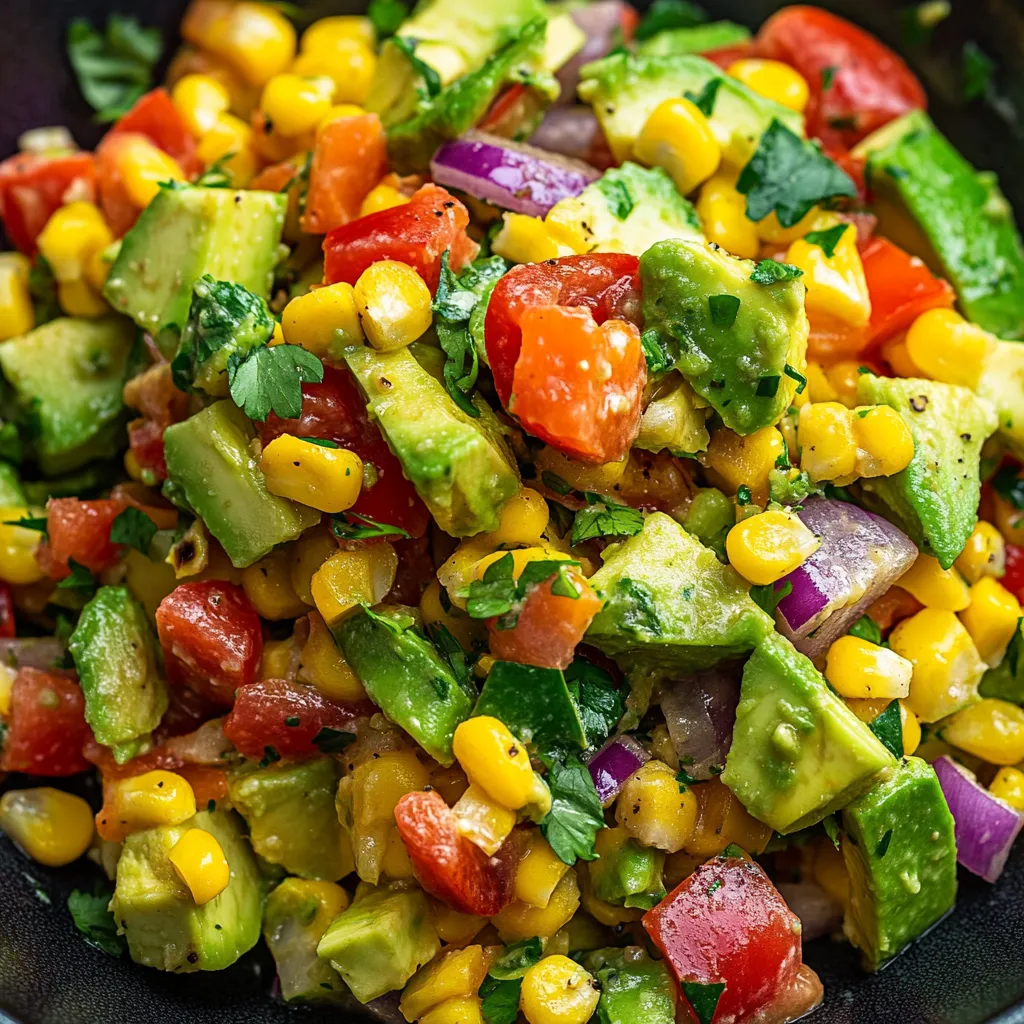 A mix of veggies like corn, tomatoes, avocado, and onions in a bowl.