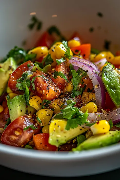 A bowl of vegetables including tomatoes, onions, and avocados.