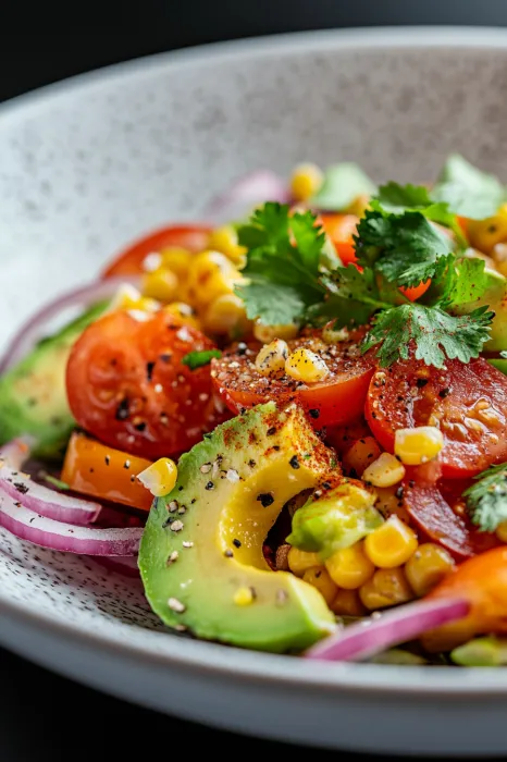 A bowl of food with tomatoes, corn, and avocado.