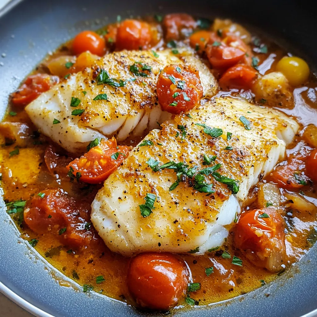 A dish of cod with tomatoes and herbs.