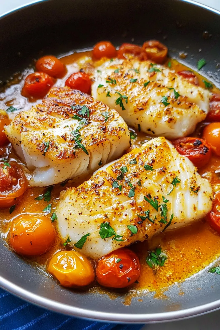A plate of food with tomatoes and fish.