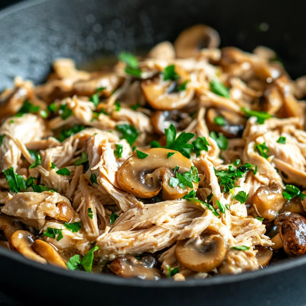 A skillet with mushrooms and turkey.