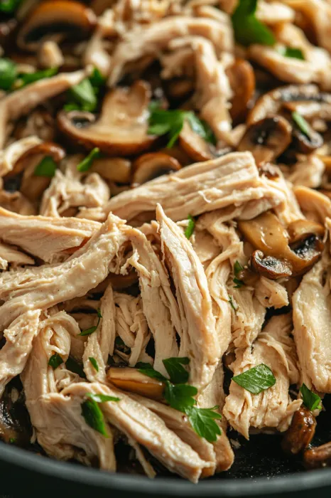 A close up of a pile of chicken with mushrooms.