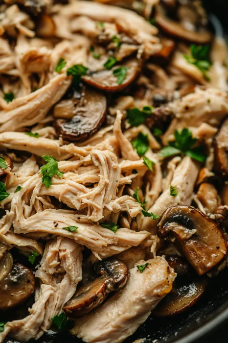 A close up of a chicken dish with mushrooms.