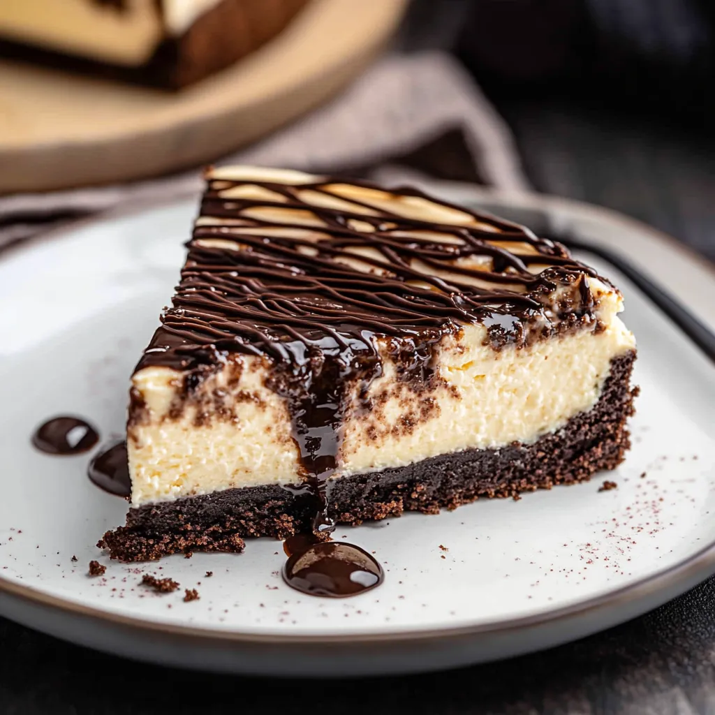 A plated slice of creamy cheesecake with chocolate topping drizzle.