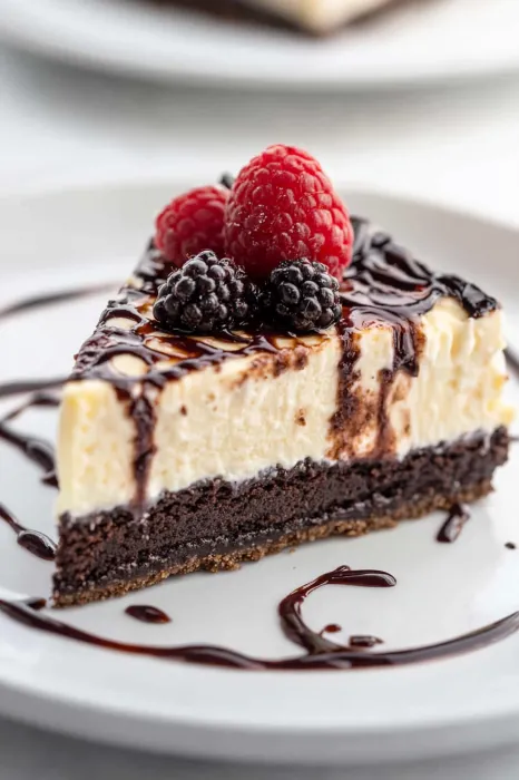 A slice of cheesecake topped with a raspberry.