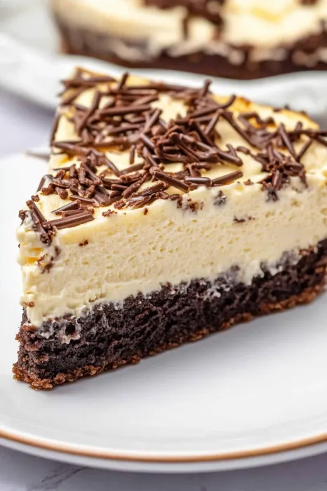 A slice of cheesecake with chocolate drizzled on top.