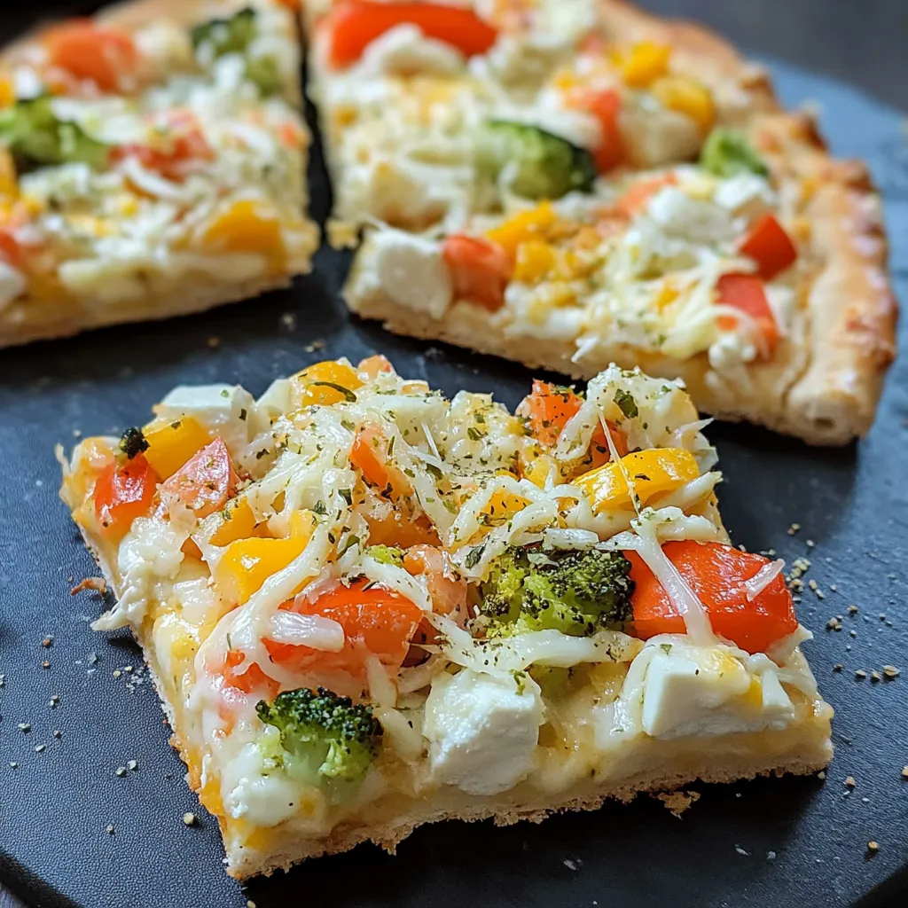 A veggie-loaded pizza slice with cheddar and broccoli.