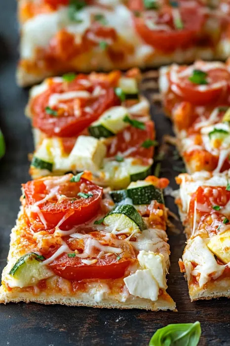 A pizza with tomatoes and zucchini on a cutting board.