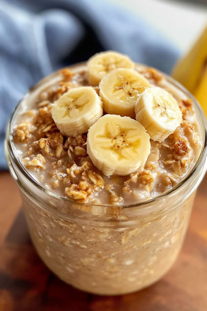 A glass of oatmeal with bananas on top.