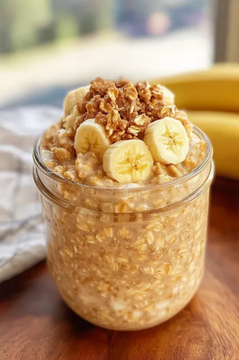 A glass of oatmeal with bananas on top.
