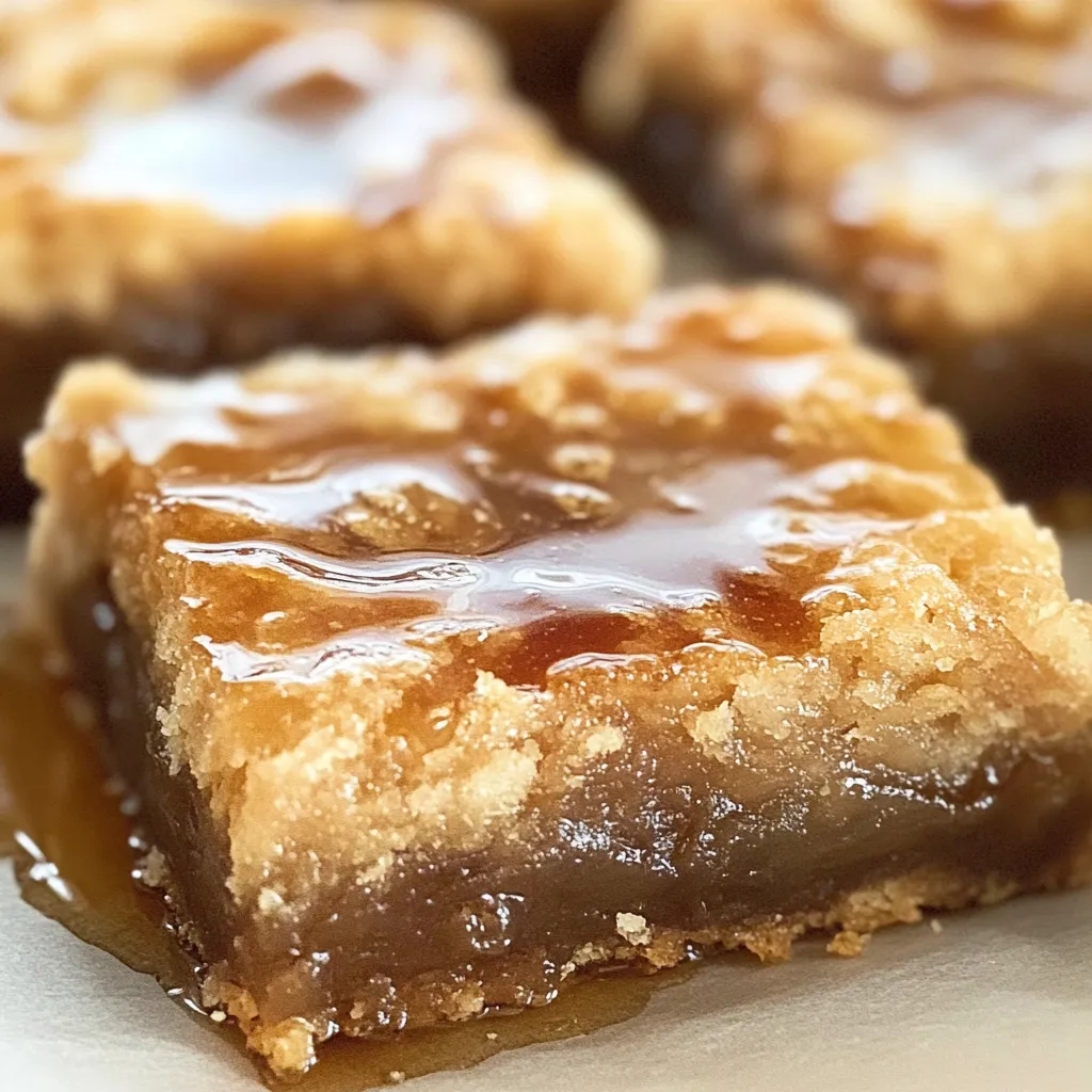 A dessert square topped with caramel sauce.