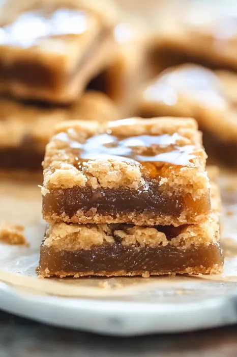 A square of chocolate cake with caramel drizzle.