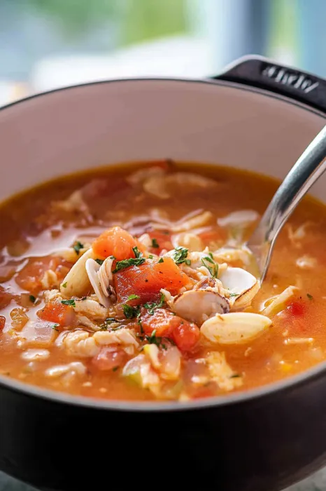 A bowl of soup with a spoon in it.