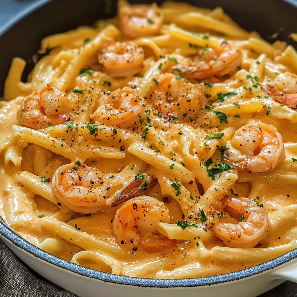 A plate with shrimp and creamy pasta.
