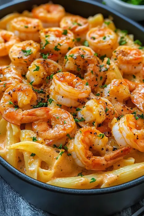 A bowl of shrimp and pasta.