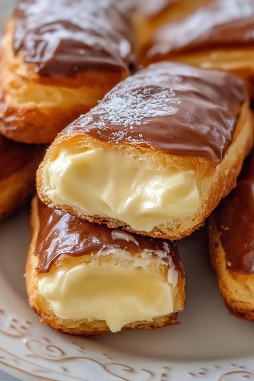 A chocolate covered pastry with white frosting.