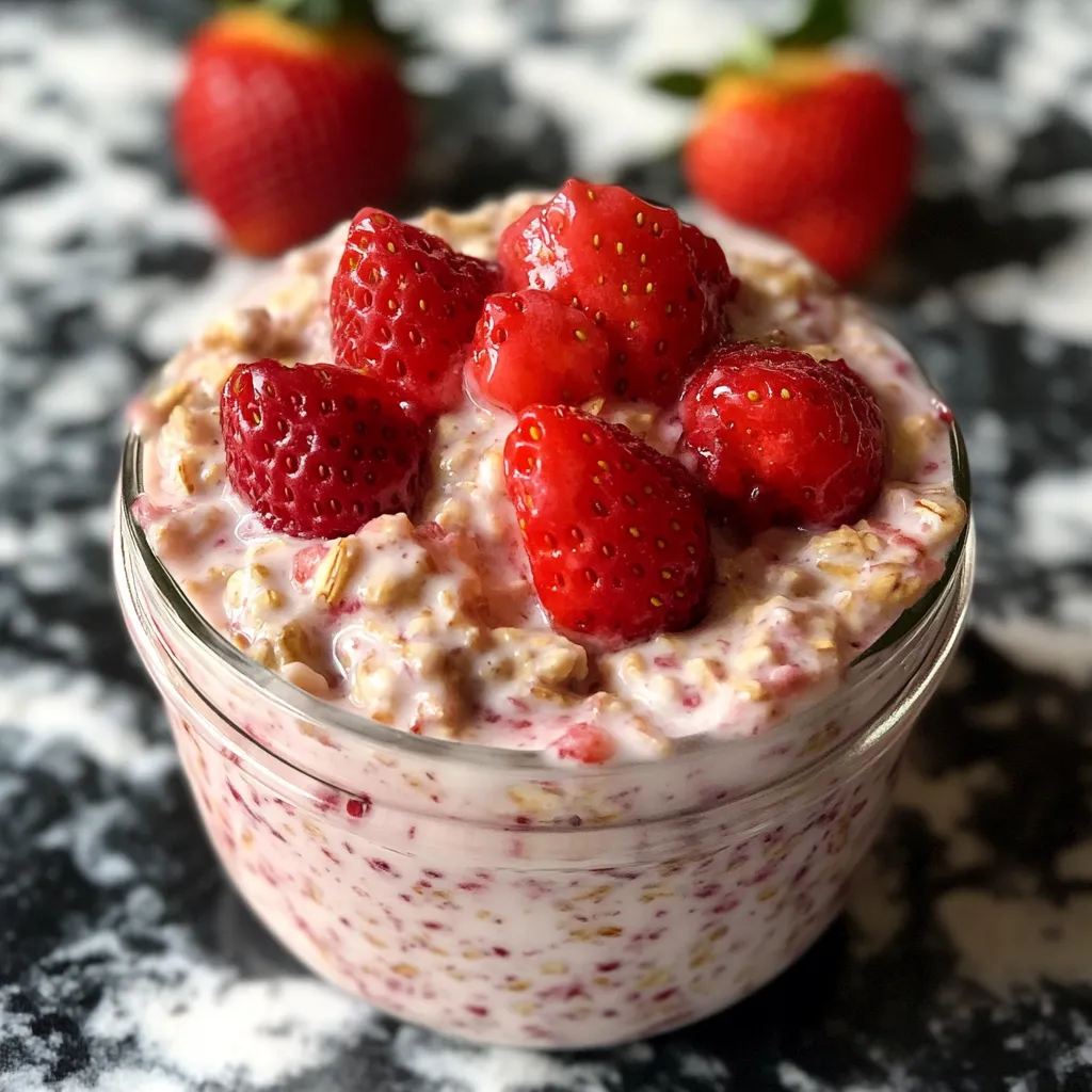 A bowl of creamy strawberry oats topped with fresh fruit.